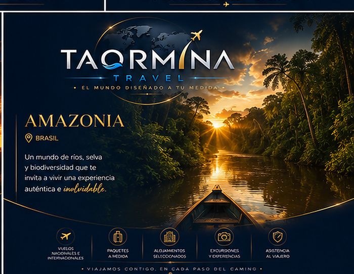 Placa promocional de Taormina Travel: Amazonia, Brasil — el pulmón del planeta