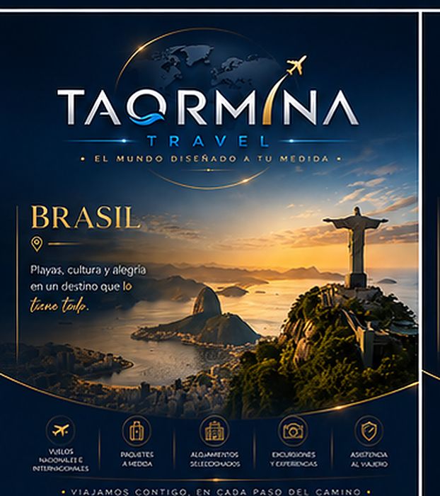Placa promocional de Taormina Travel: Brasil — colores, cultura y alegría