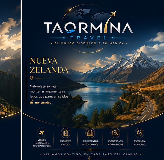 Placa promocional de Taormina Travel: Nueva Zelanda — naturaleza salvaje y paisajes únicos