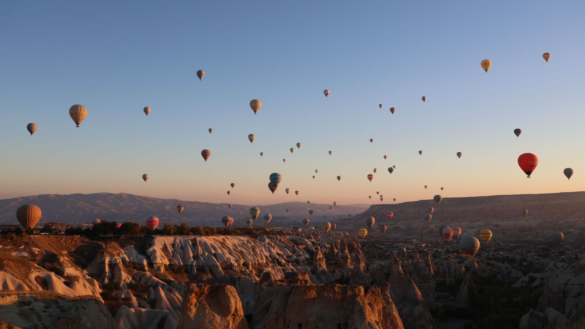 Globos aerostáticos de colores flotando en un cielo despejado, al amanecer
