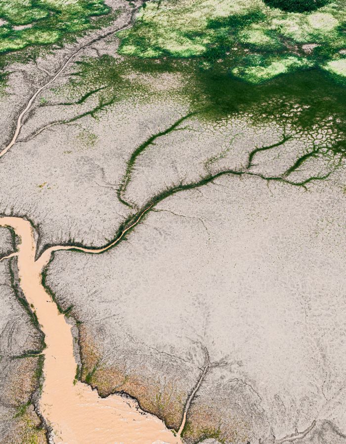 Vista aérea de un arroyo serpenteando entre islas del delta del río Paraná, en Santa Fe